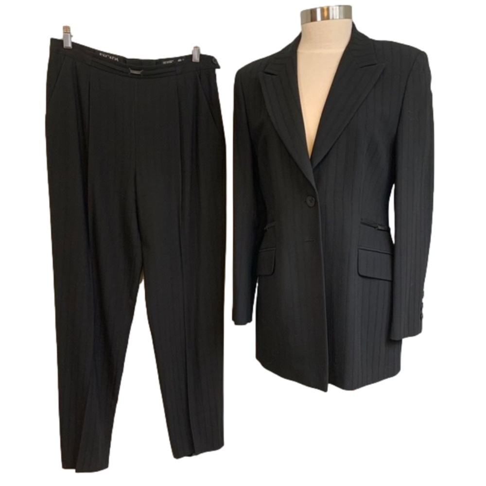 Escada Margaretha Ley Black 2 Piece Striped Wool Pants/Jacket Suit EU 38 US 6/8